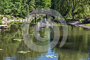 an arch bridge in the japanese park in wrocÃâaw photo